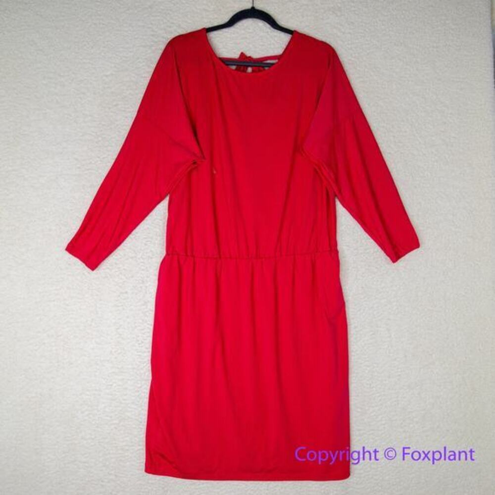 Eloquii coral red dress with faux wrap back‎ and tie neck, size 16